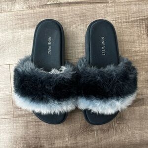 Nine West Blue Faux Fur Stripe Platform Slide Sandals Size 7